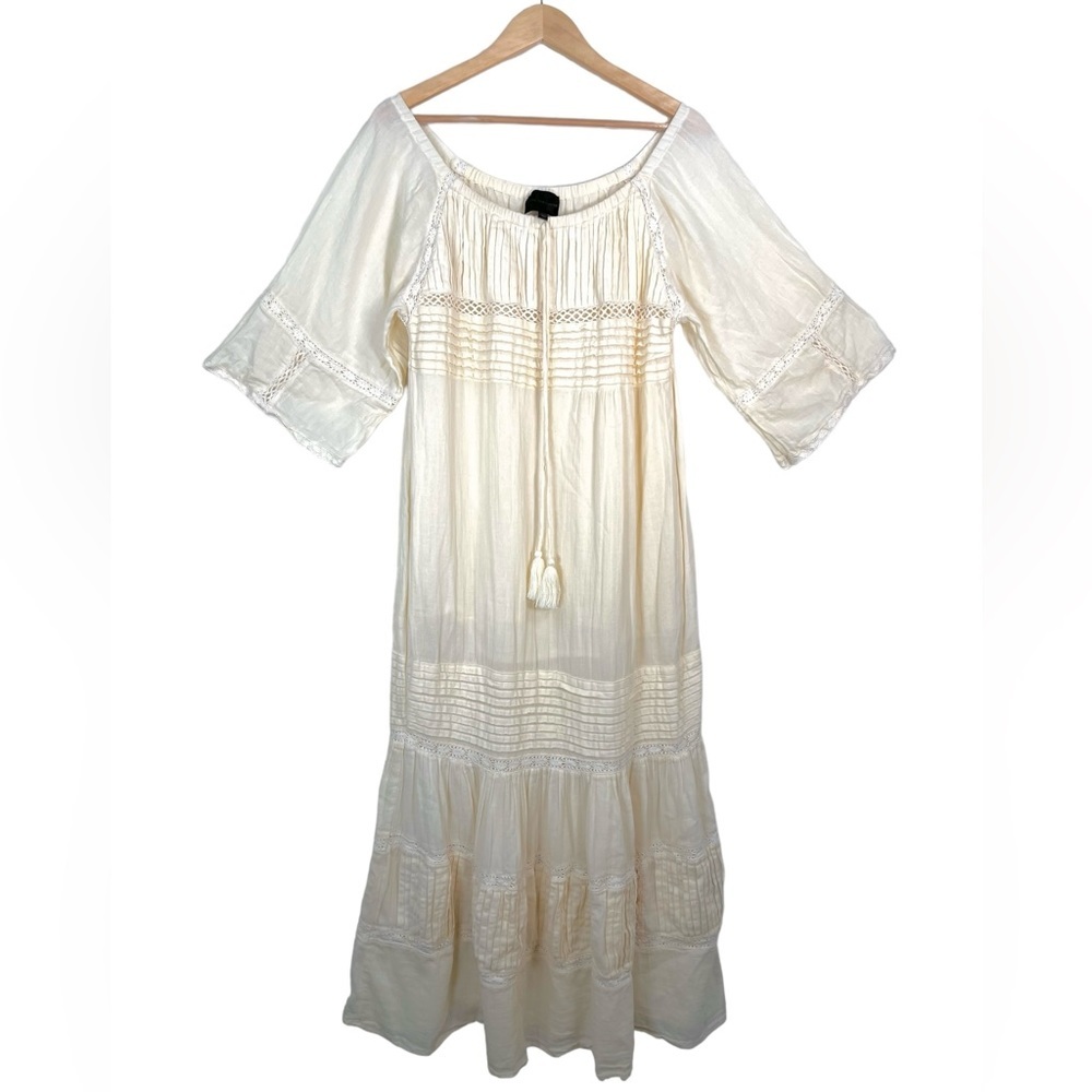 Hotel Particulier Boho Gauzy ruffle hem crochet coastal maxi dress sz XS‎